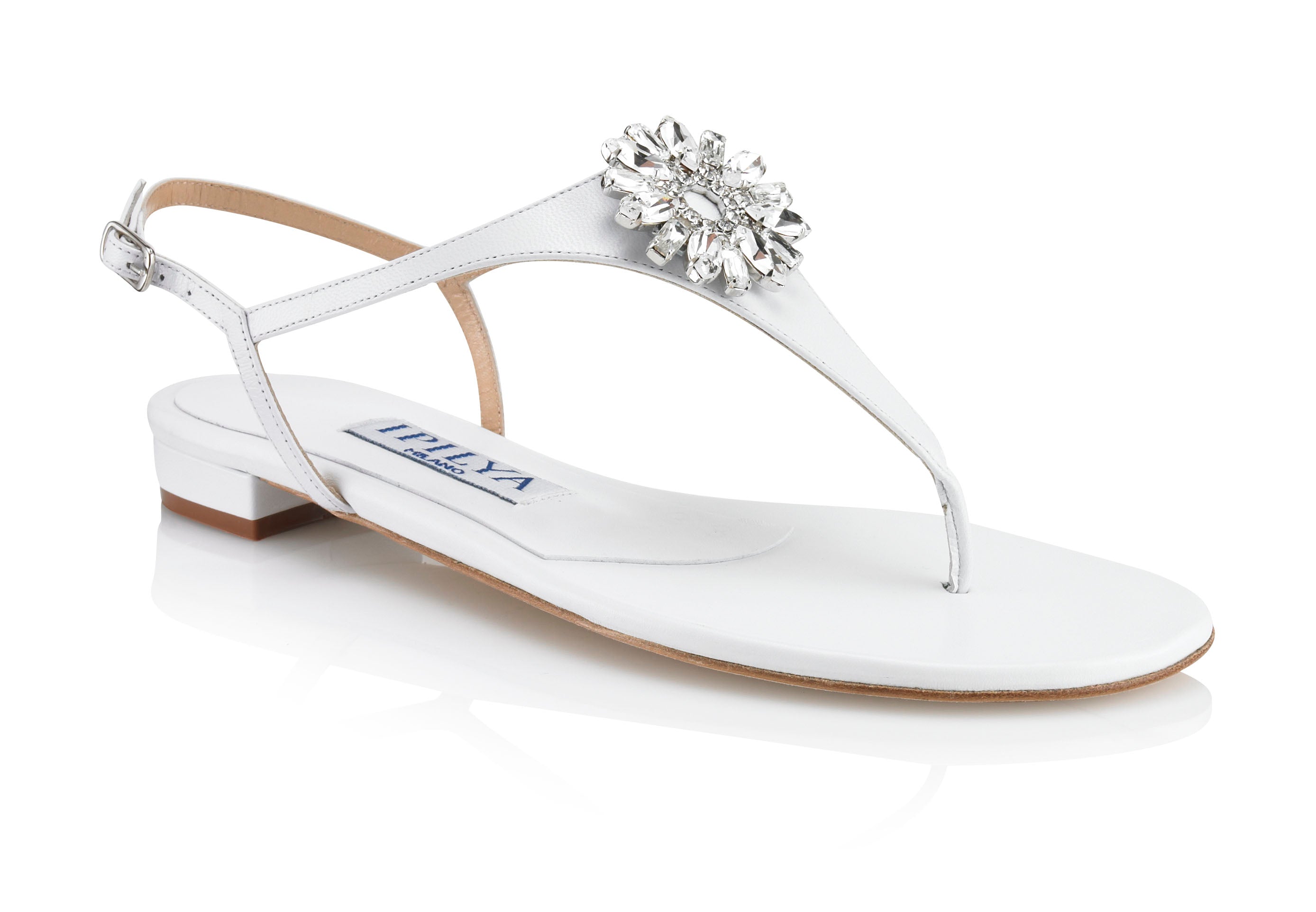 HANYA Swarovski Crystal Flower Flat White Sandals